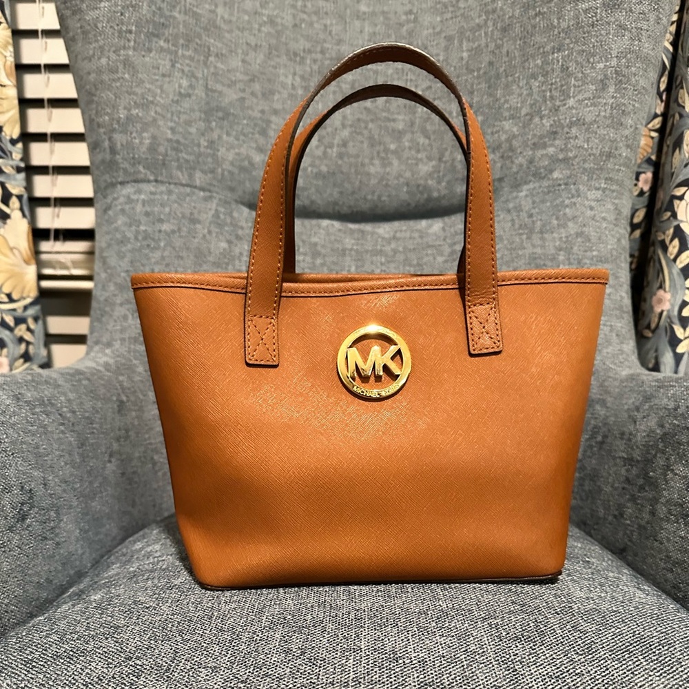 Michael Kors Caramel Saffiano Leather Mini Tote with Gold MK Emblem